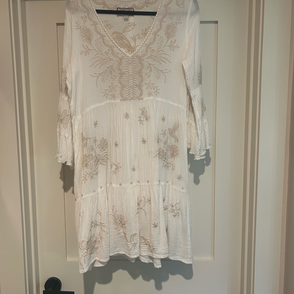 Johnny Was Workshop Sheer Ivory Tiered Peacock Dress L - like new with slip